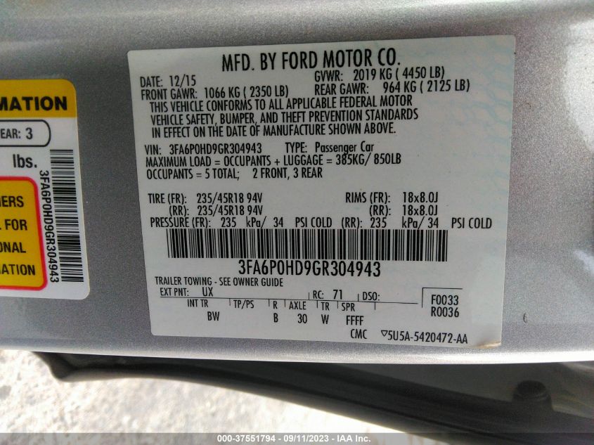 2016 FORD FUSION SE - 3FA6P0HD9GR304943