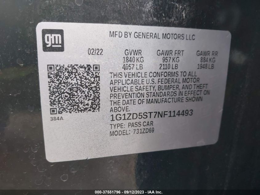 2022 CHEVROLET MALIBU LT - 1G1ZD5ST7NF114493