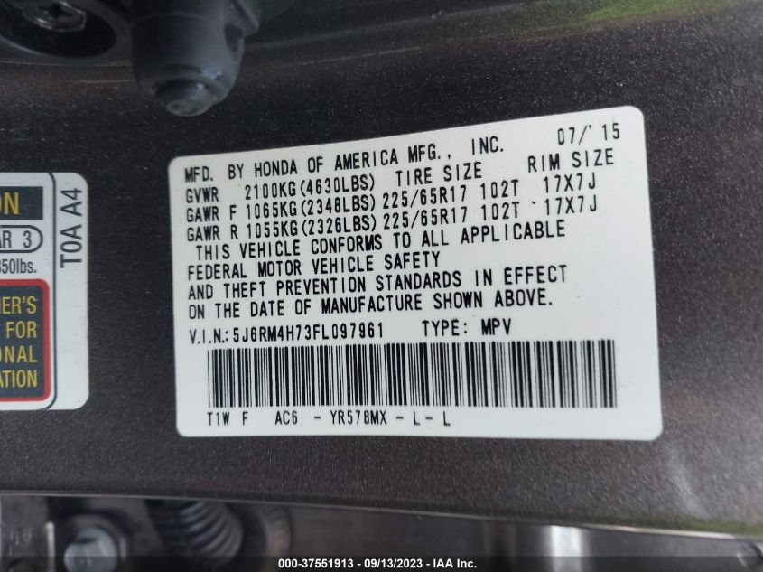 2015 HONDA CR-V EX-L - 5J6RM4H73FL097961