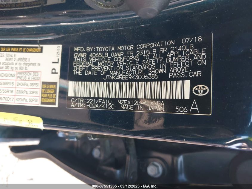2019 TOYOTA COROLLA HATCHBACK SE/XSE JTNK4RBE9K3006385