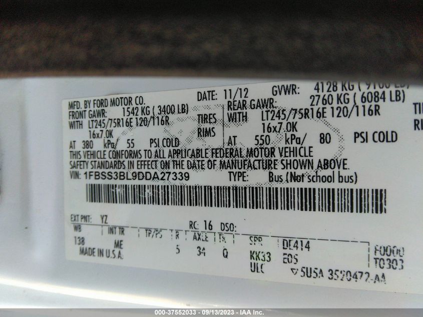 2013 FORD ECONOLINE WAGON XL/XLT 1FBSS3BL9DDA27339