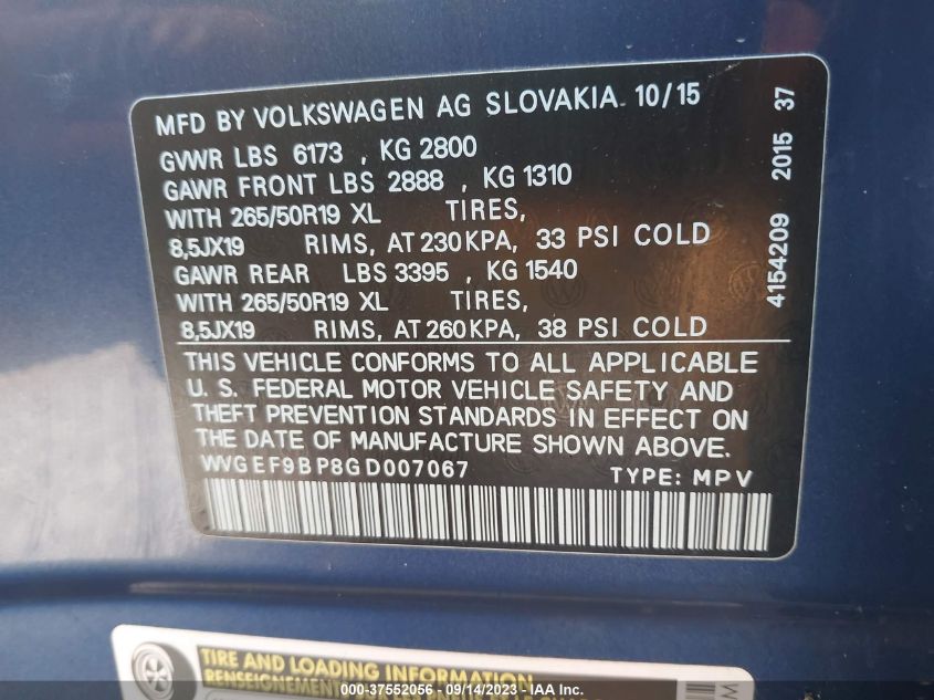 2016 VOLKSWAGEN TOUAREG LUX - WVGEF9BP8GD007067