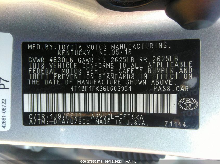 2016 TOYOTA CAMRY XLE/SE/LE/XSE - 4T1BF1FK3GU603951