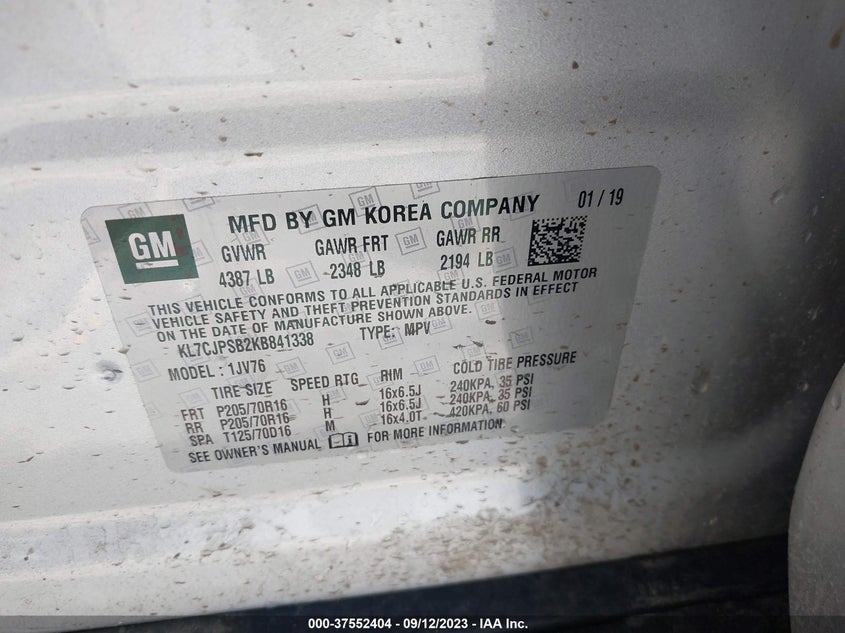 VIN KL7CJPSB2KB841338 2019 CHEVROLET TRAX LT