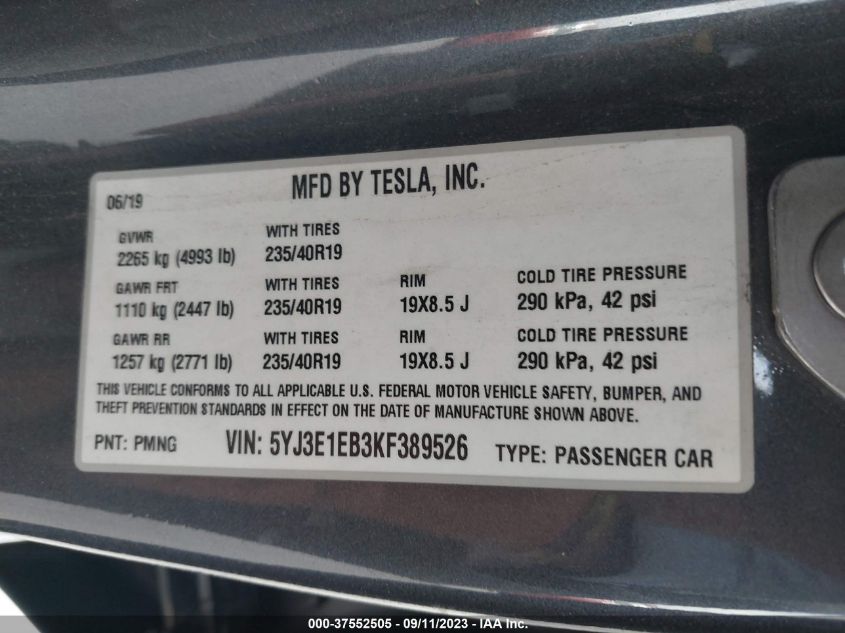 2019 TESLA MODEL 3 LONG RANGE/PERFORMANCE - 5YJ3E1EB3KF389526