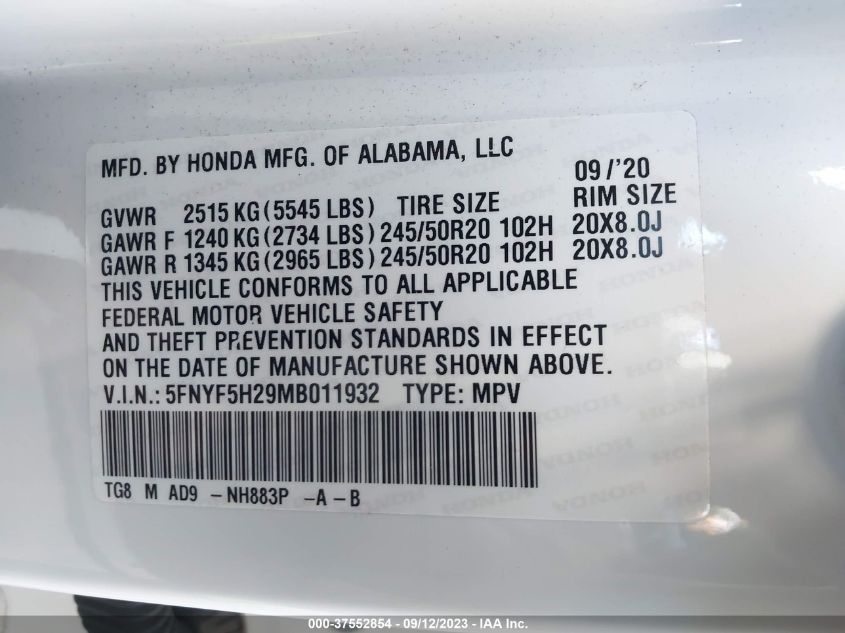 2021 HONDA PILOT SE - 5FNYF5H29MB011932