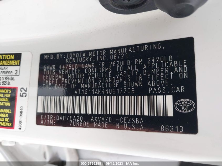 2022 TOYOTA CAMRY SE - 4T1G11AK4NU617706