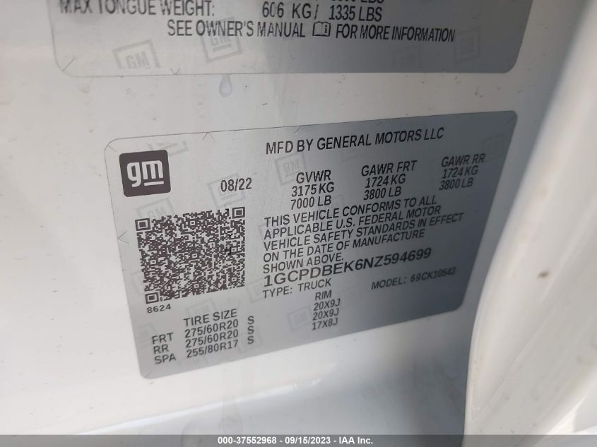 2022 CHEVROLET SILVERADO 1500 CUSTOM - 1GCPDBEK6NZ594699