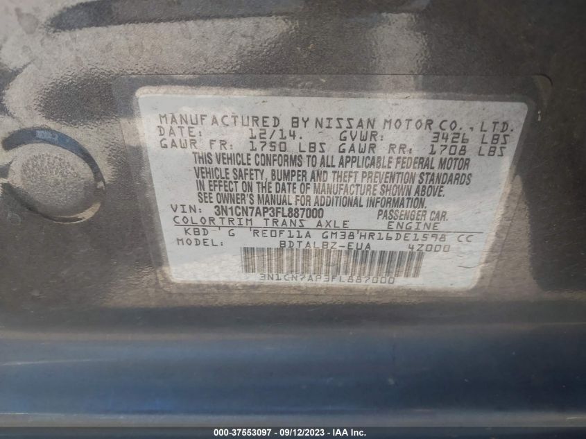 2015 NISSAN VERSA S/S PLUS/SV/SL - 3N1CN7AP3FL887000