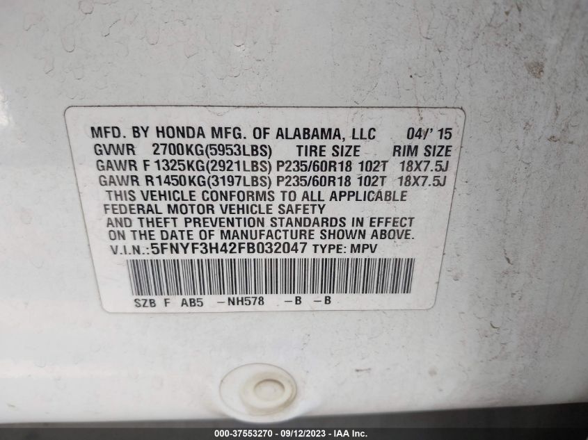 2015 HONDA PILOT EX - 5FNYF3H42FB032047