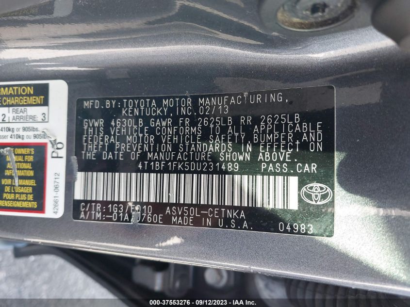 2013 TOYOTA CAMRY L/LE/SE/XLE - 4T1BF1FK5DU231489