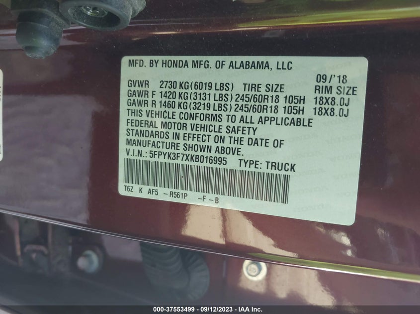 VIN 5FPYK3F7XKB016995 2019 HONDA RIDGELINE RTL-E