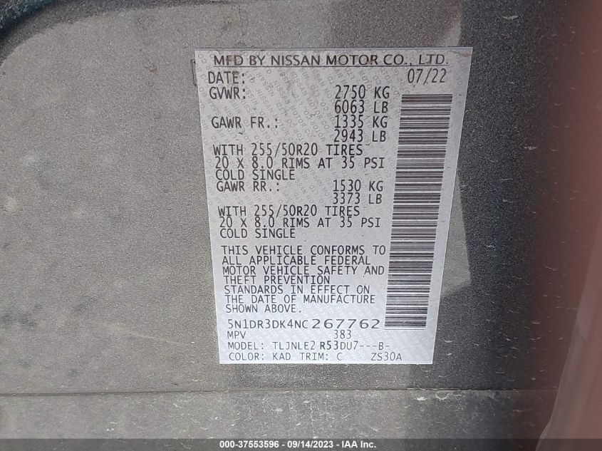 2022 NISSAN PATHFINDER PLATINUM - 5N1DR3DK4NC267762