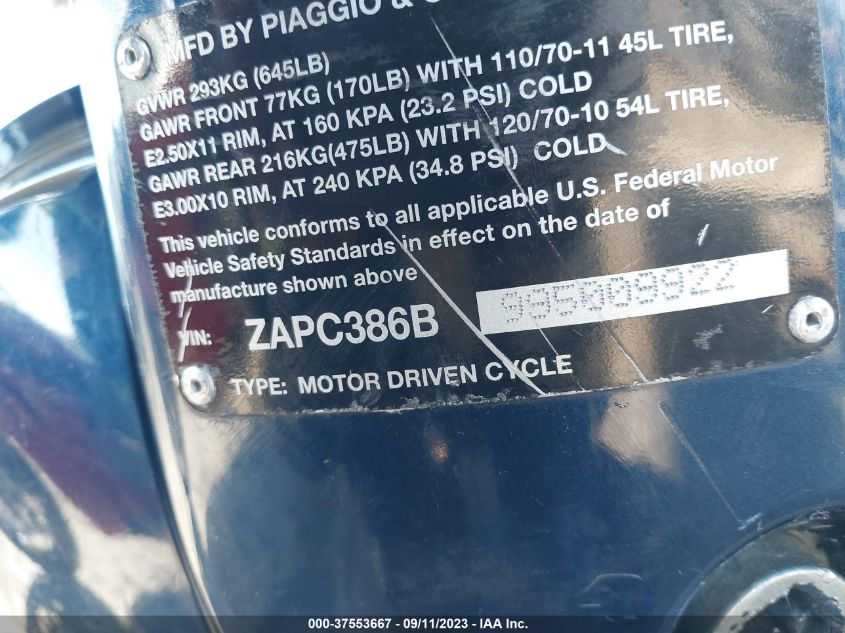 2009 VESPA LX 50 ZAPC386B995009922
