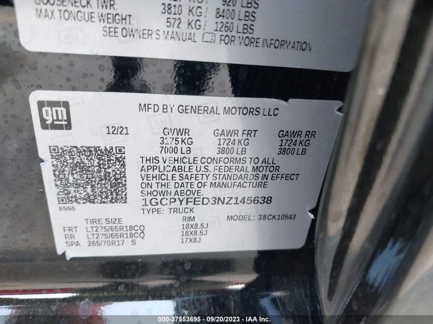 2022 CHEVROLET SILVERADO 1500 LTD LT TRAIL BOSS 1GCPYFED3NZ145638