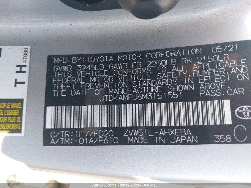 JTDKAMFU6M3151551 Toyota Prius L 9