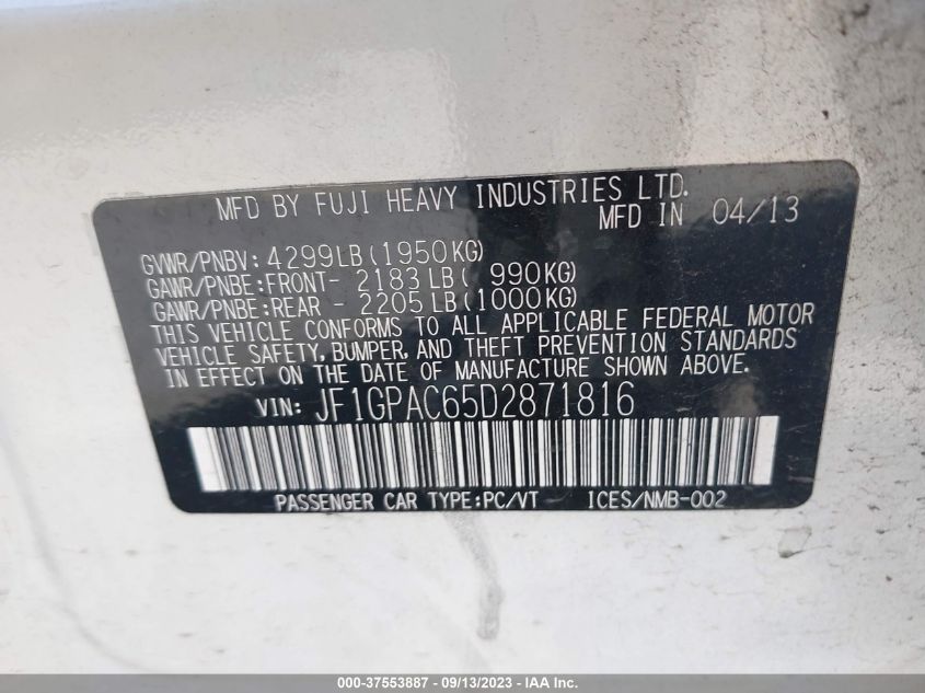 2013 SUBARU IMPREZA WAGON 2.0I PREMIUM - JF1GPAC65D2871816