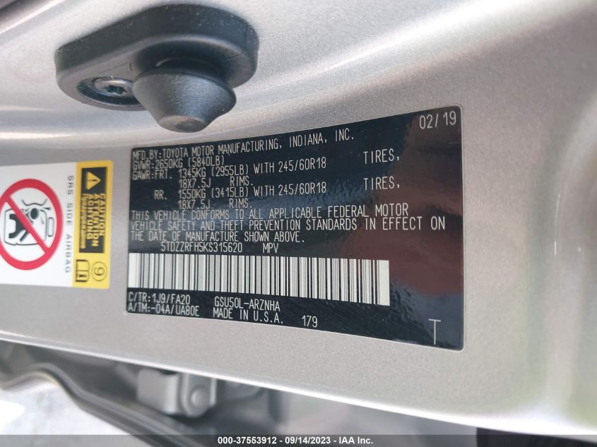 2019 TOYOTA HIGHLANDER LE - 5TDZZRFH5KS315620