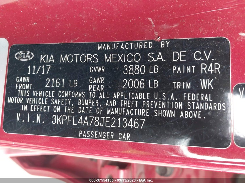 VIN 3KPFL4A78JE213467 2018 KIA FORTE S
