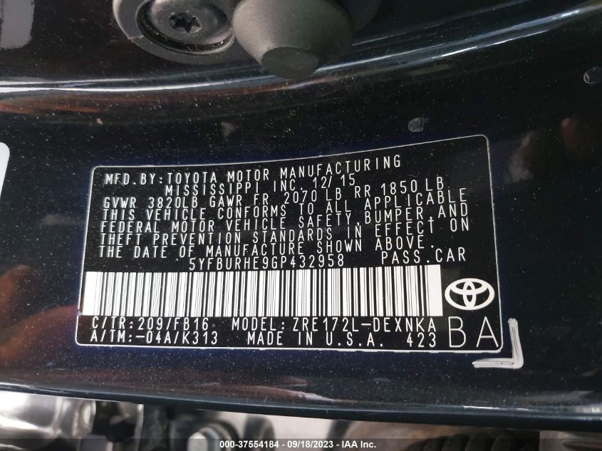 2016 TOYOTA COROLLA L/LE/LE PLS/PRM/S/S PLS - 5YFBURHE9GP432958