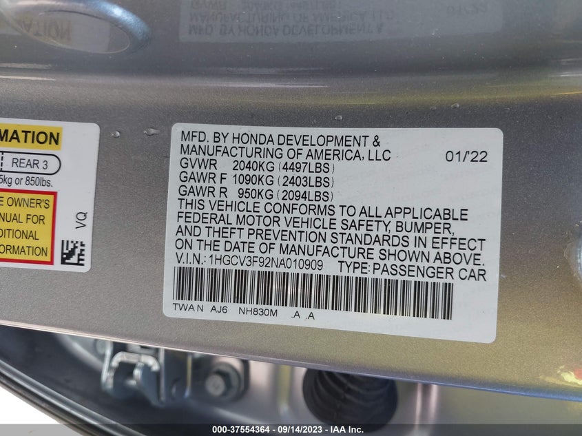 VIN 1HGCV3F92NA010909 2022 HONDA ACCORD HYBRID TOURING