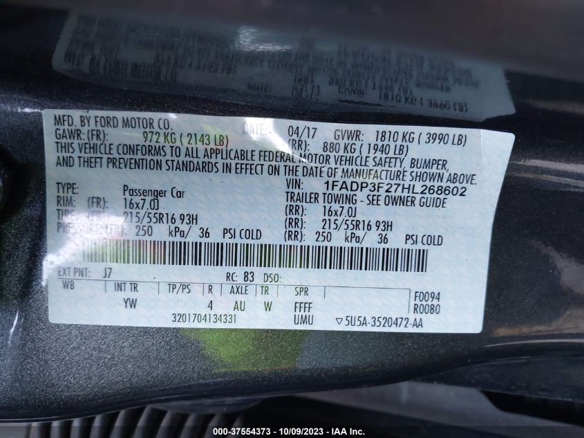 2017 FORD FOCUS SE - 1FADP3F27HL268602