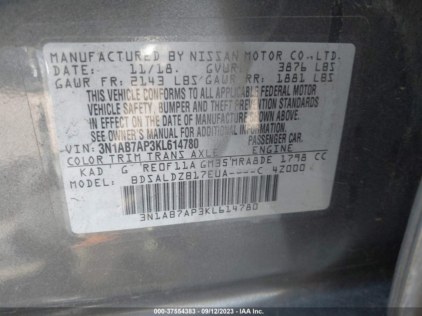 VIN 3N1AB7AP3KL614780 2019 NISSAN SENTRA SV