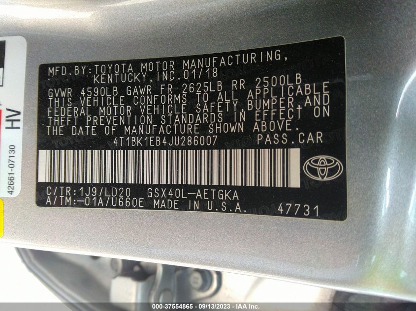 2018 TOYOTA AVALON XLE/XLE PLUS - 4T1BK1EB4JU286007