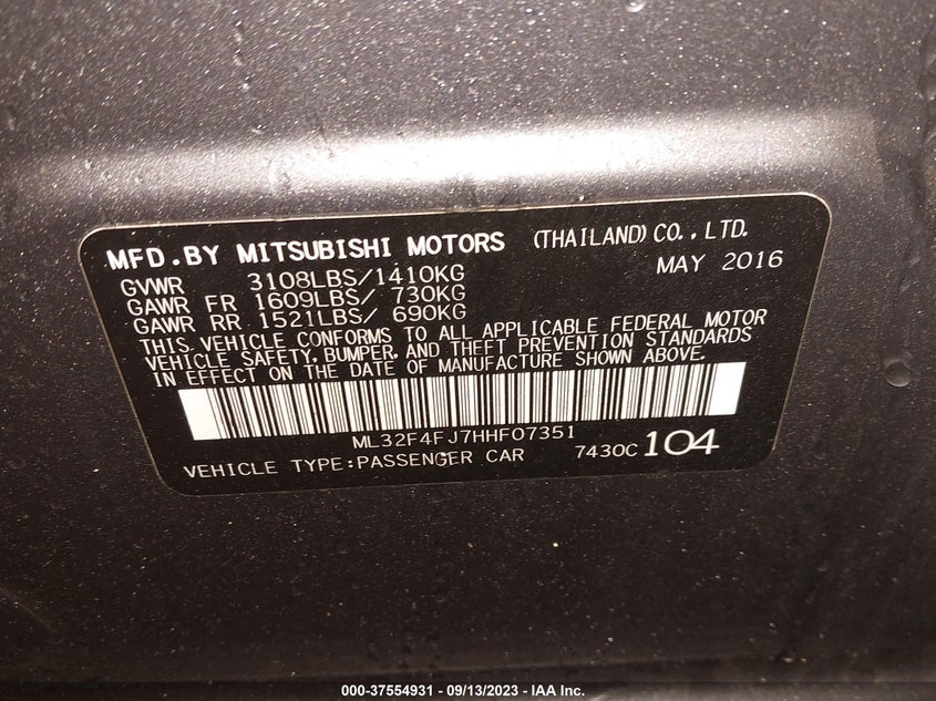VIN ML32F4FJ7HHF07351 2017 MITSUBISHI MIRAGE G4 SE