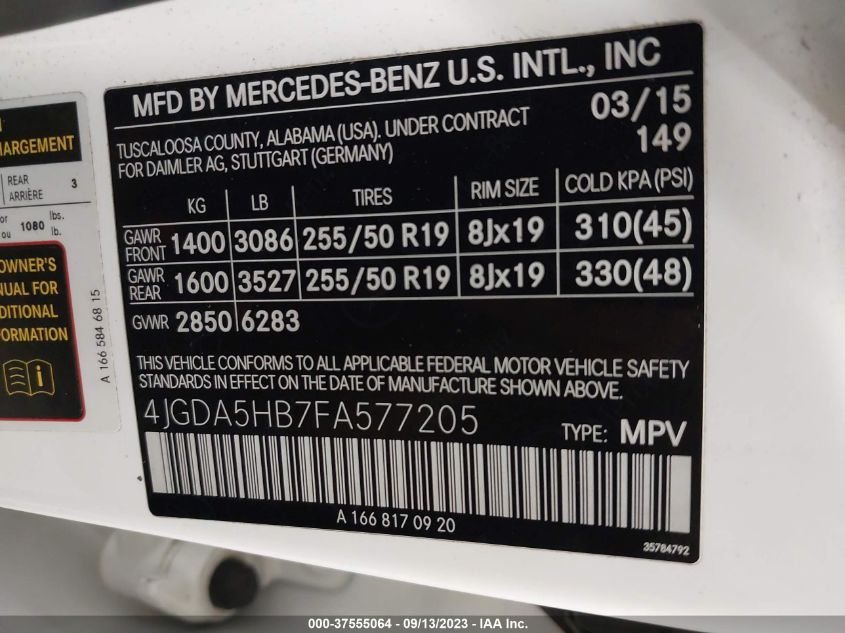 2015 MERCEDES-BENZ M-CLASS ML 350 4JGDA5HB7FA577205