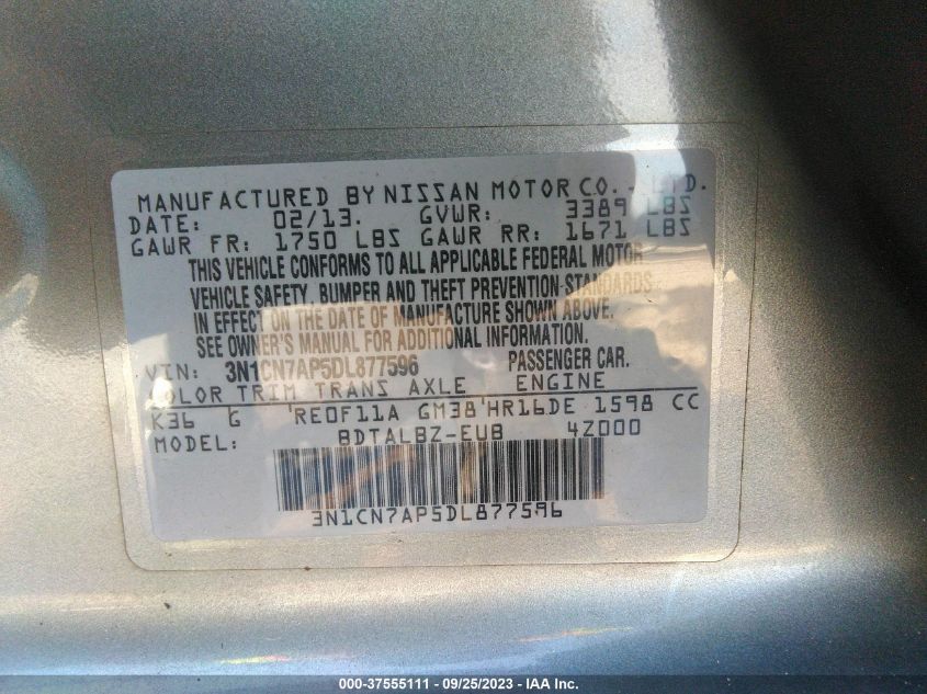 2013 NISSAN VERSA SV - 3N1CN7AP5DL877596