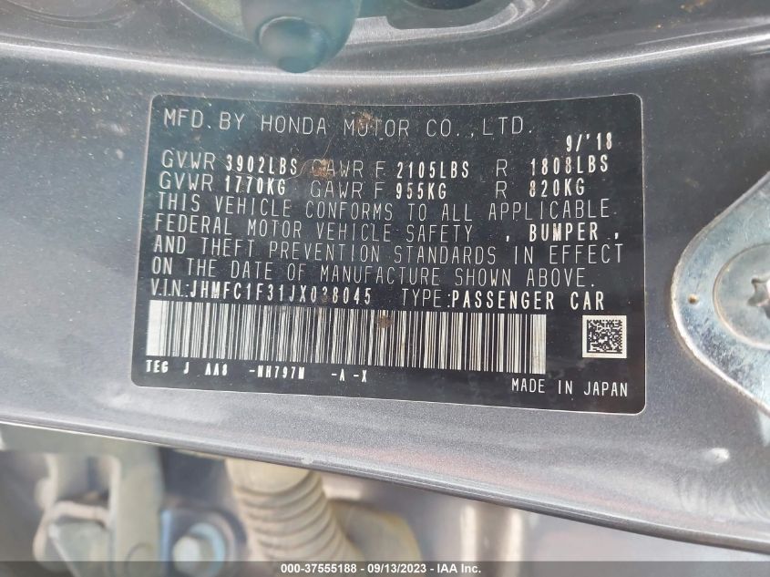 2018 HONDA CIVIC SEDAN EX-T - JHMFC1F31JX038045