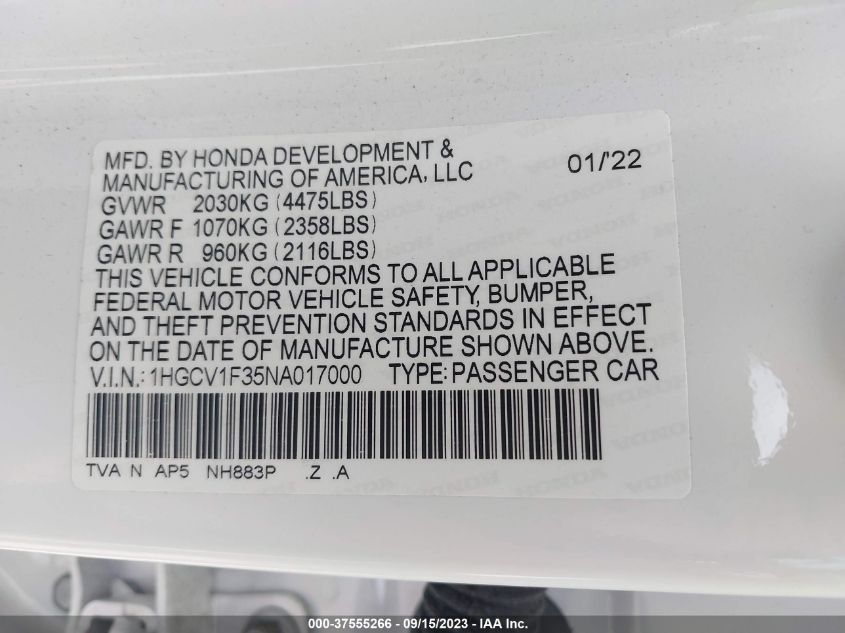 2022 HONDA ACCORD SEDAN SPORT - 1HGCV1F35NA017000