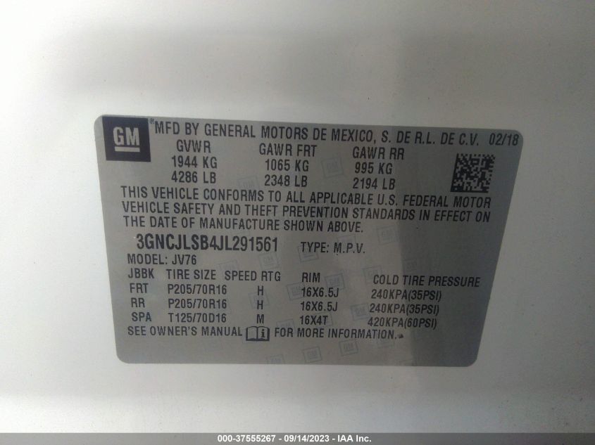 2018 CHEVROLET TRAX LT - 3GNCJLSB4JL291561