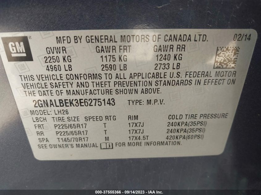2014 CHEVROLET EQUINOX LT - 2GNALBEK3E6275143