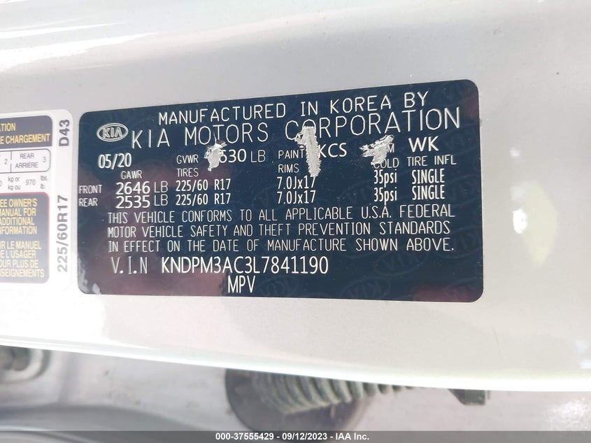 VIN KNDPM3AC3L7841190 2020 KIA SPORTAGE LX