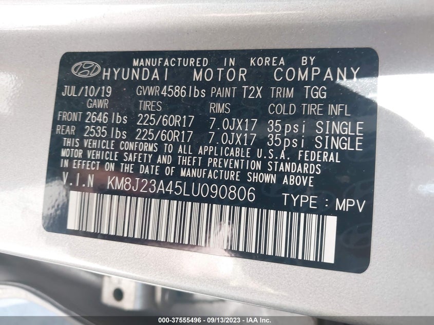 VIN KM8J23A45LU090806 2020 HYUNDAI TUCSON SE