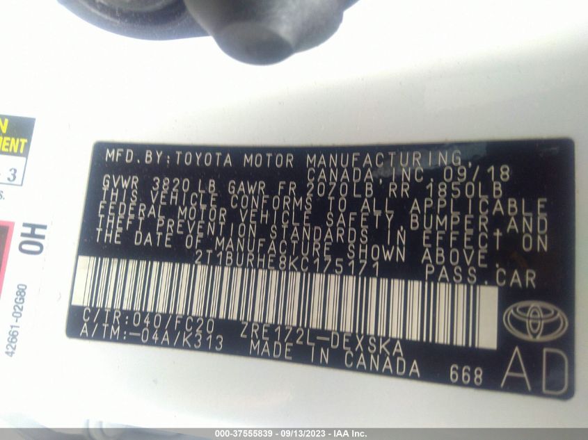 2019 TOYOTA COROLLA L/LE/SE/XLE/XSE - 2T1BURHE8KC175171
