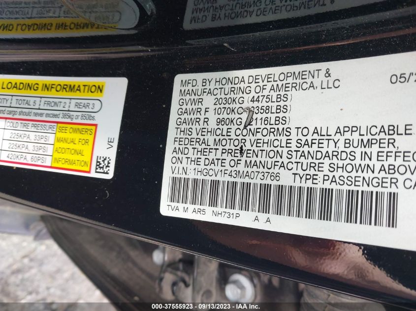 2021 HONDA ACCORD SEDAN SPORT SE - 1HGCV1F43MA073766