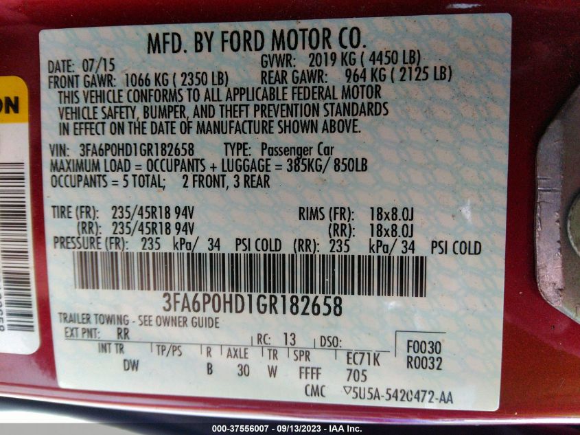 2016 FORD FUSION SE - 3FA6P0HD1GR182658