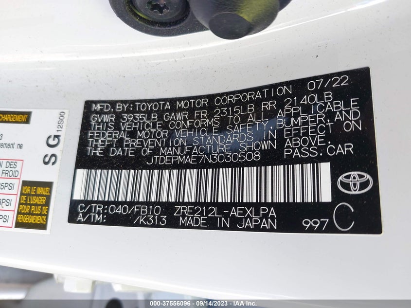 VIN JTDEPMAE7N3030508 2022 TOYOTA COROLLA LE