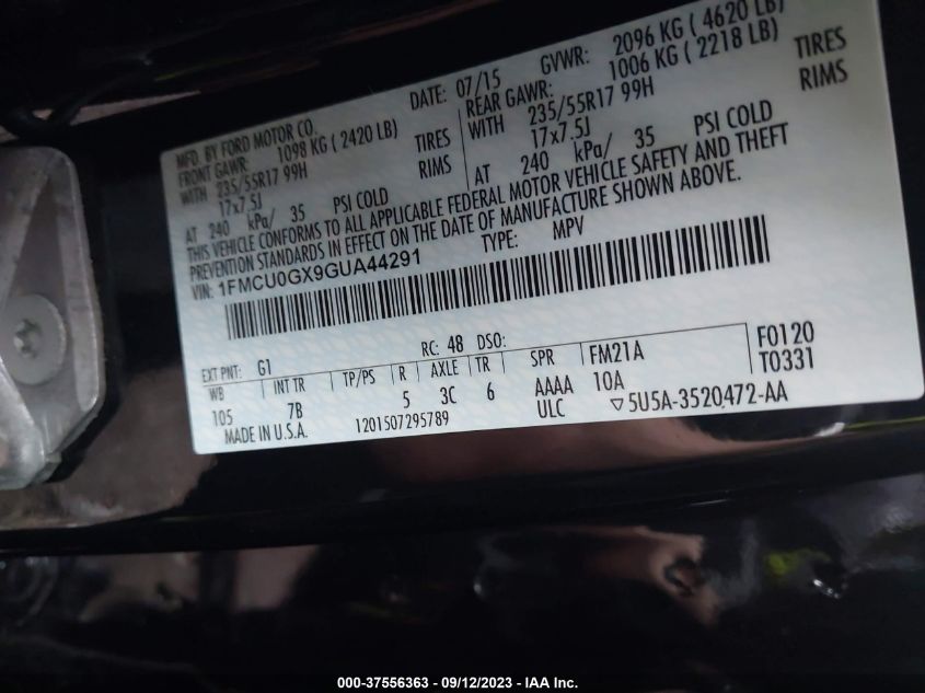 2016 FORD ESCAPE SE - 1FMCU0GX9GUA44291
