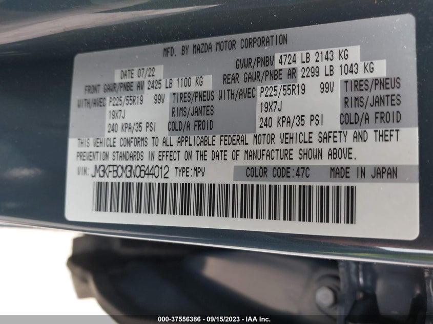 VIN JM3KFBCM3N0644012 2022 MAZDA CX-5 2.5 S CARBON EDITION