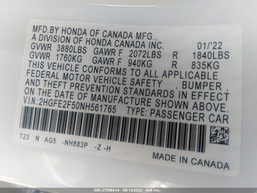 2HGFE2F50NH561765 Honda Civic Sedan SPORT 9