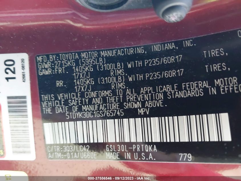 2016 TOYOTA SIENNA XLE/XLE AAS/LTD - 5TDYK3DC1GS765745