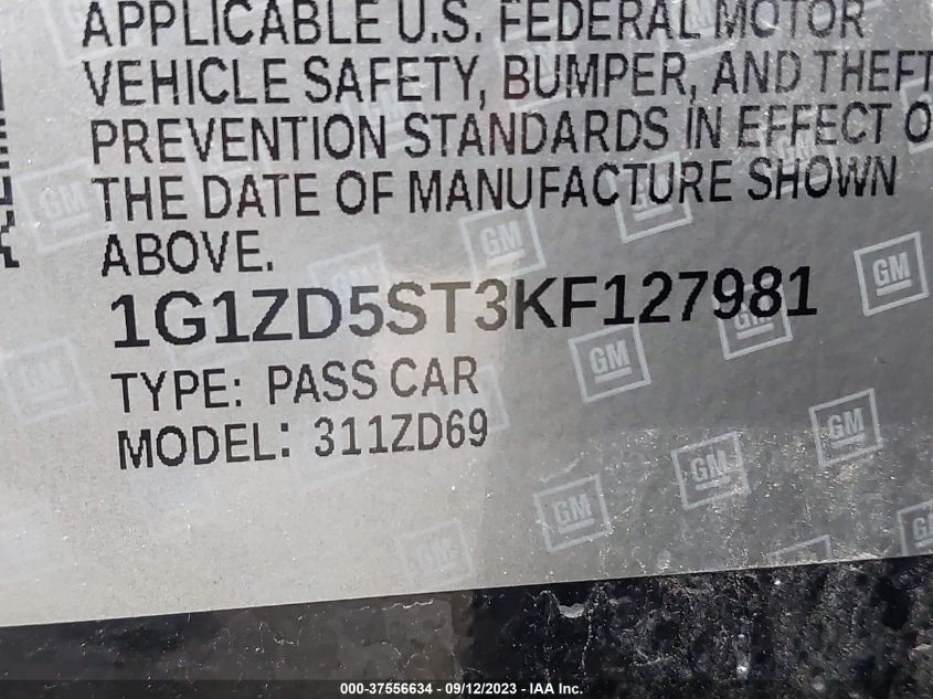 2019 CHEVROLET MALIBU LT - 1G1ZD5ST3KF127981