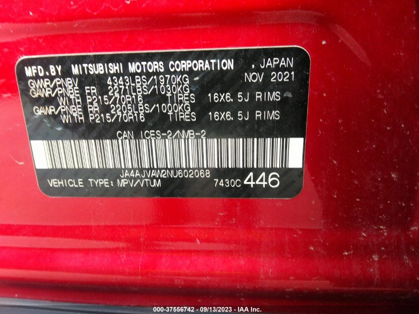 2022 MITSUBISHI RVR SE/SEL/LE/GT JA4AJVAW2NU602068