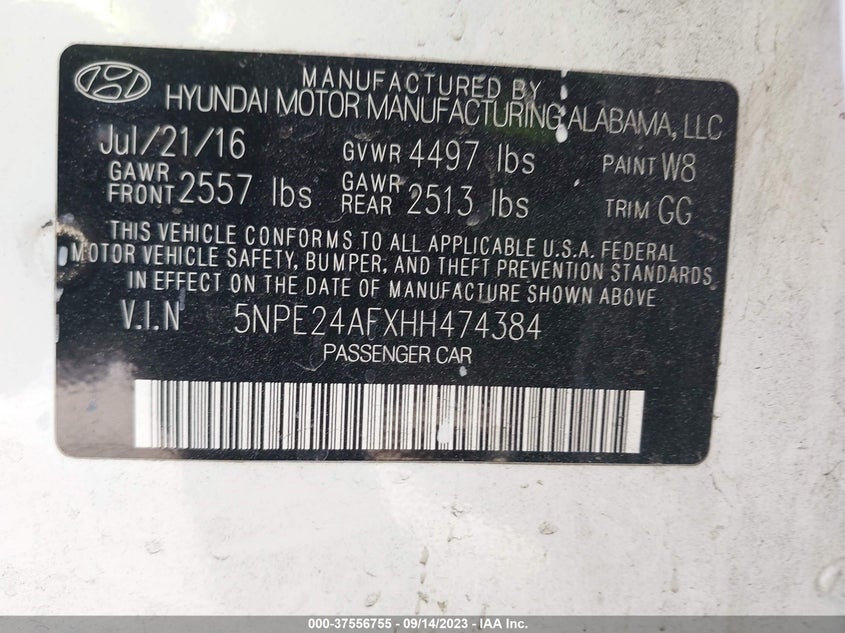 VIN 5NPE24AFXHH474384 2017 HYUNDAI SONATA 2.4L