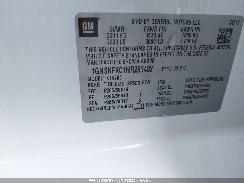2017 CHEVROLET TAHOE SPECIAL - 1GNSKFKC1HR296402