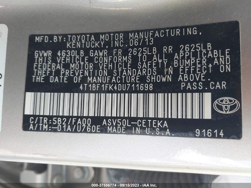 2013 TOYOTA CAMRY L/LE/SE/XLE - 4T1BF1FK4DU711698